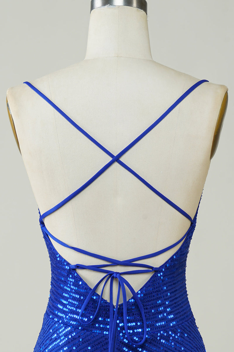 Load image into Gallery viewer, Sparkly Bodycon Spaghetti Straps Royal Blue Sequins Short Party Dress