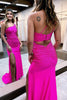 Load image into Gallery viewer, Sheath One Shoulder Fuchsia Long Prom Dress with Beading