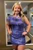 Load image into Gallery viewer, Blue Tight Sequins Party Dress with Feathers