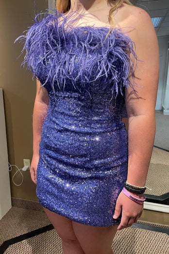 Blue Tight Sequins Party Dress with Feathers