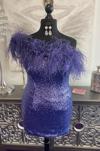 Blue Tight Sequins Party Dress with Feathers