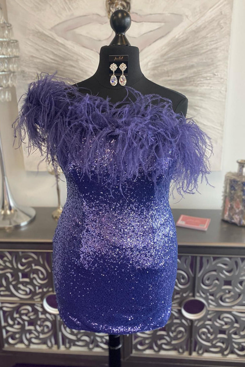 Load image into Gallery viewer, Blue Tight Sequins Party Dress with Feathers