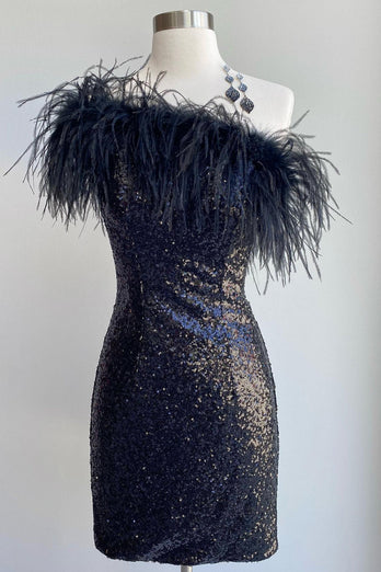 Blue Tight Sequins Party Dress with Feathers