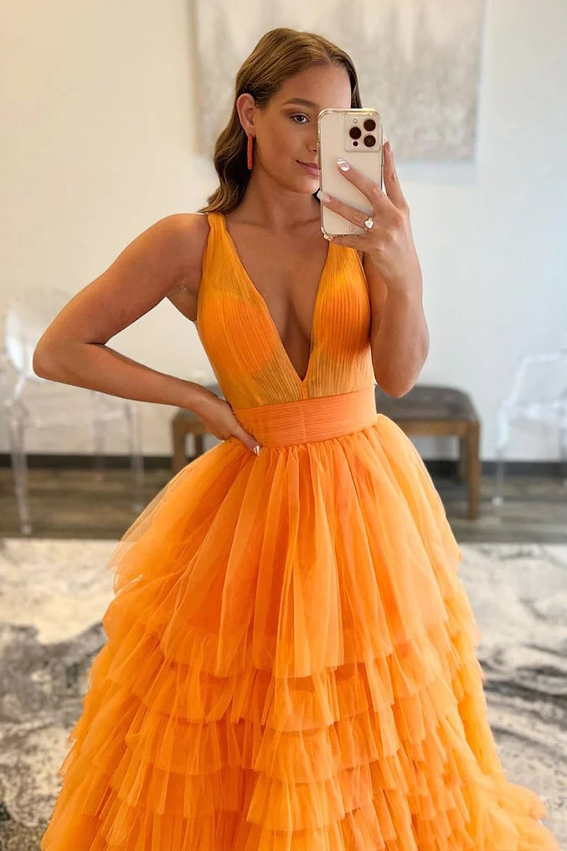 Load image into Gallery viewer, Orange Deep V-Neck Tiered Prom Dress