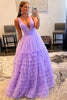 Load image into Gallery viewer, Orange Deep V-Neck Tiered Prom Dress