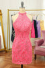 Load image into Gallery viewer, Pink Open Back Halter Lace Tight Party Dress