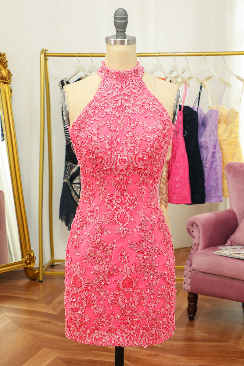 Load image into Gallery viewer, Pink Open Back Halter Lace Tight Party Dress