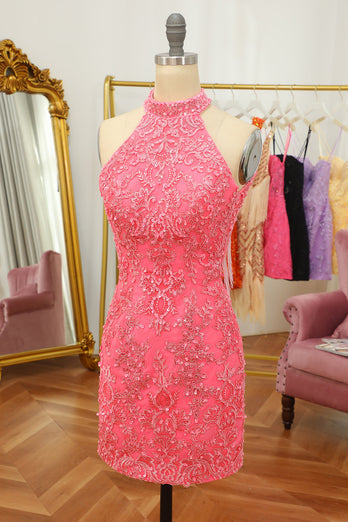 Pink Open Back Halter Lace Tight Party Dress