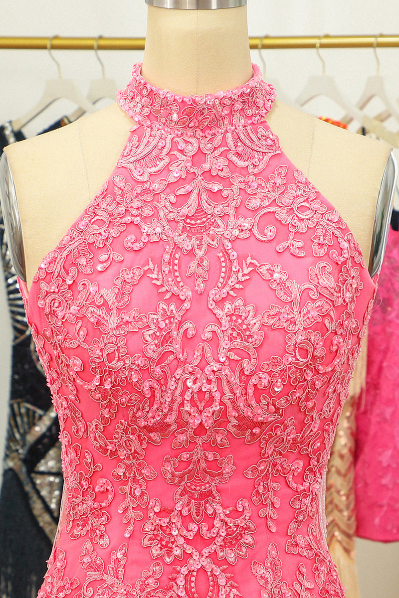 Load image into Gallery viewer, Pink Open Back Halter Lace Tight Party Dress