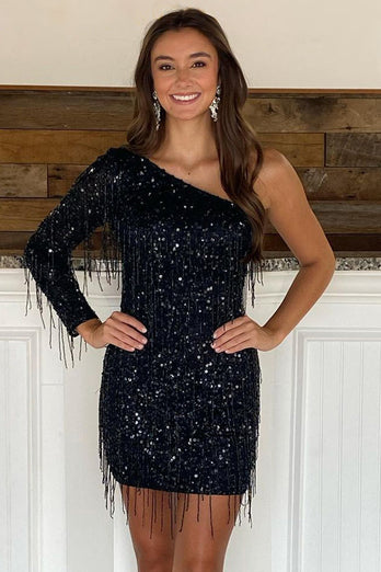 Sheath One Shoulder Black Sequins Party Dress with Tassel