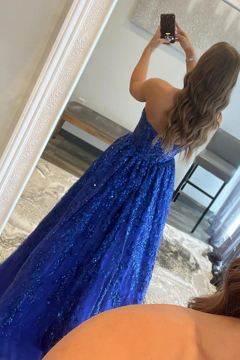 Load image into Gallery viewer, Sparkly Royal Blue Long Prom Dress with Pockets