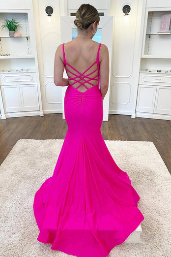 Fuchsia Spaghetti Straps Mermaid Long Prom Dress With Criss Cross Back