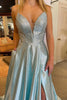 Load image into Gallery viewer, Light Blue V-Neck Long Prom Dress with Criss Cross Back