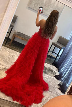 Red Beaded A-Line Tiered High Low Prom Dress