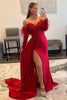 Load image into Gallery viewer, Red Detachable Long Sleeves Long Prom Dress with Feathers