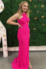 Load image into Gallery viewer, Fuchsia Sequins Long Prom Dress With Split Front