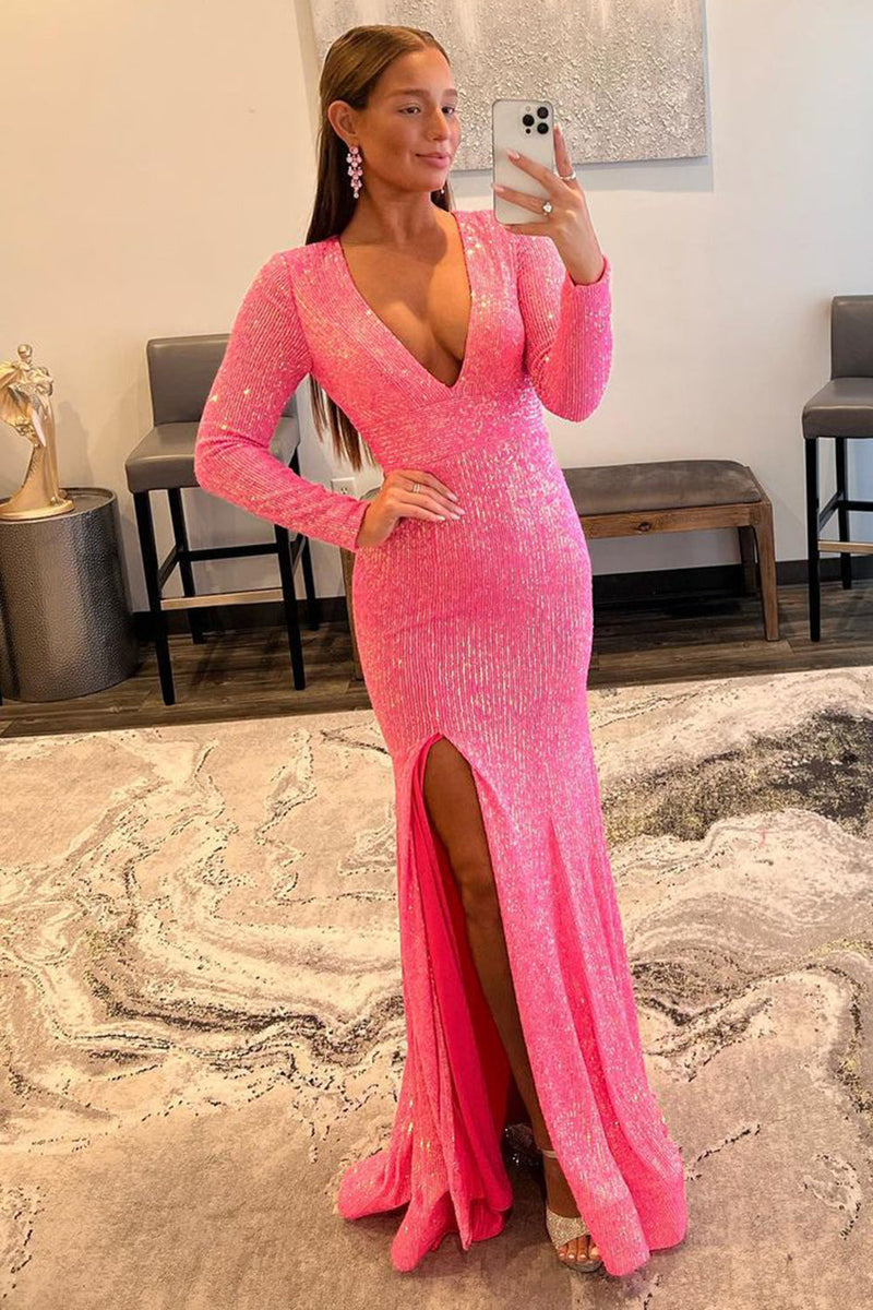 Load image into Gallery viewer, Sheath Deep V Neck Pink Sequins Long Prom Dress with Split Front