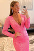 Load image into Gallery viewer, Sheath Deep V Neck Pink Sequins Long Prom Dress with Split Front