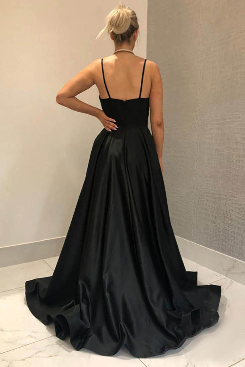 Load image into Gallery viewer, A-Line Spaghetti Straps Satin Black Long Prom Dress with Pockets