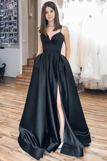 A-Line Spaghetti Straps Satin Black Long Prom Dress with Pockets