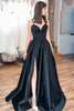 Load image into Gallery viewer, A-Line Spaghetti Straps Satin Black Long Prom Dress with Pockets