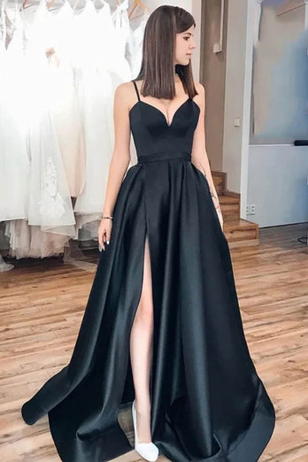 A-Line Spaghetti Straps Satin Black Long Prom Dress with Pockets