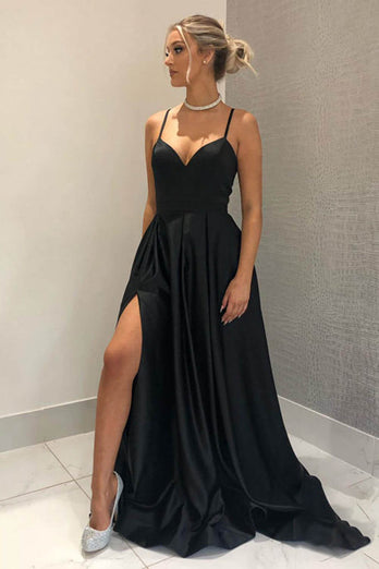 A-Line Spaghetti Straps Satin Black Long Prom Dress with Pockets