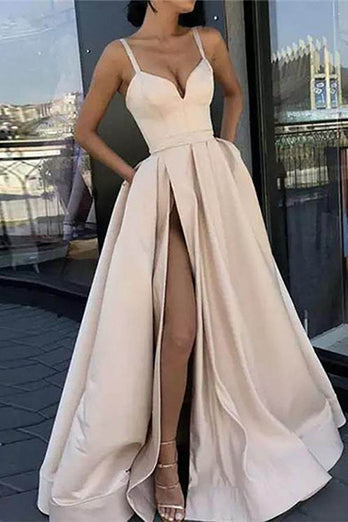 A-Line Spaghetti Straps Satin Black Long Prom Dress with Pockets