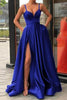 Load image into Gallery viewer, A-Line Spaghetti Straps Satin Black Long Prom Dress with Pockets