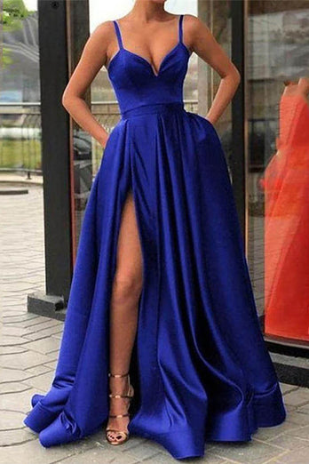 A-Line Spaghetti Straps Satin Black Long Prom Dress with Pockets