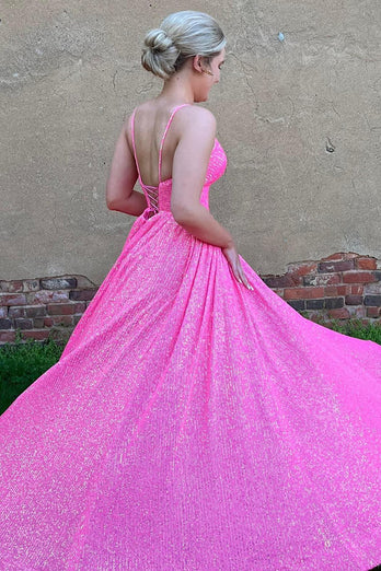 Sparkly Hot Pink Sequins A-Line Long Prom Dress