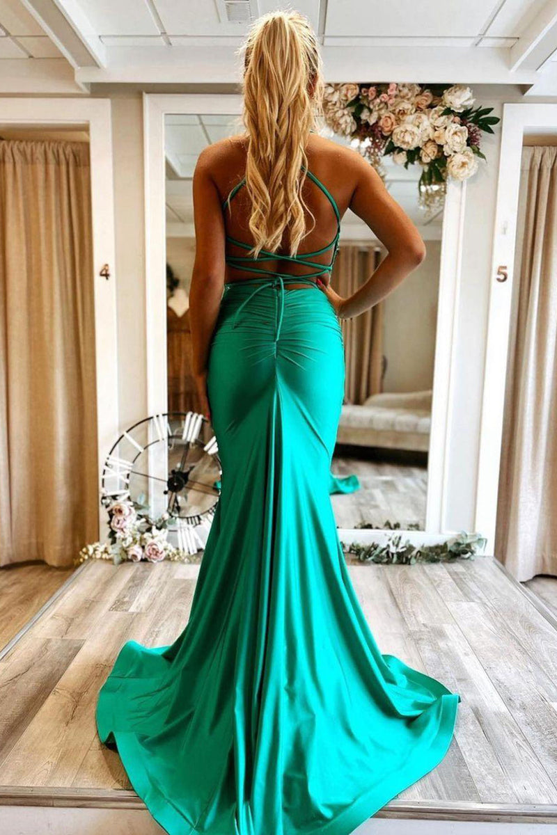 Load image into Gallery viewer, Mermaid Spaghetti Straps Green Long Prom Dress with Criss Cross Back