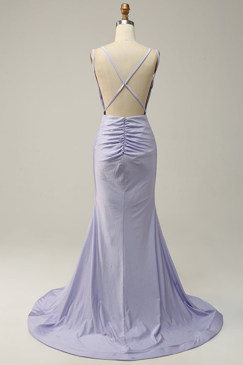 Load image into Gallery viewer, Lavender Rhinestone Spaghetti Straps Mermaid Prom Dress