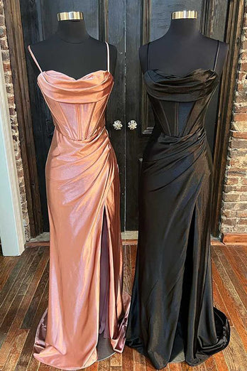 Hot Pink Spaghetti Straps Satin Mermaid Prom Dress with Slit