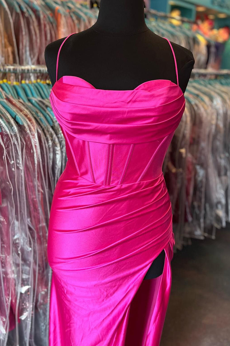 Load image into Gallery viewer, Hot Pink Spaghetti Straps Satin Mermaid Prom Dress with Slit