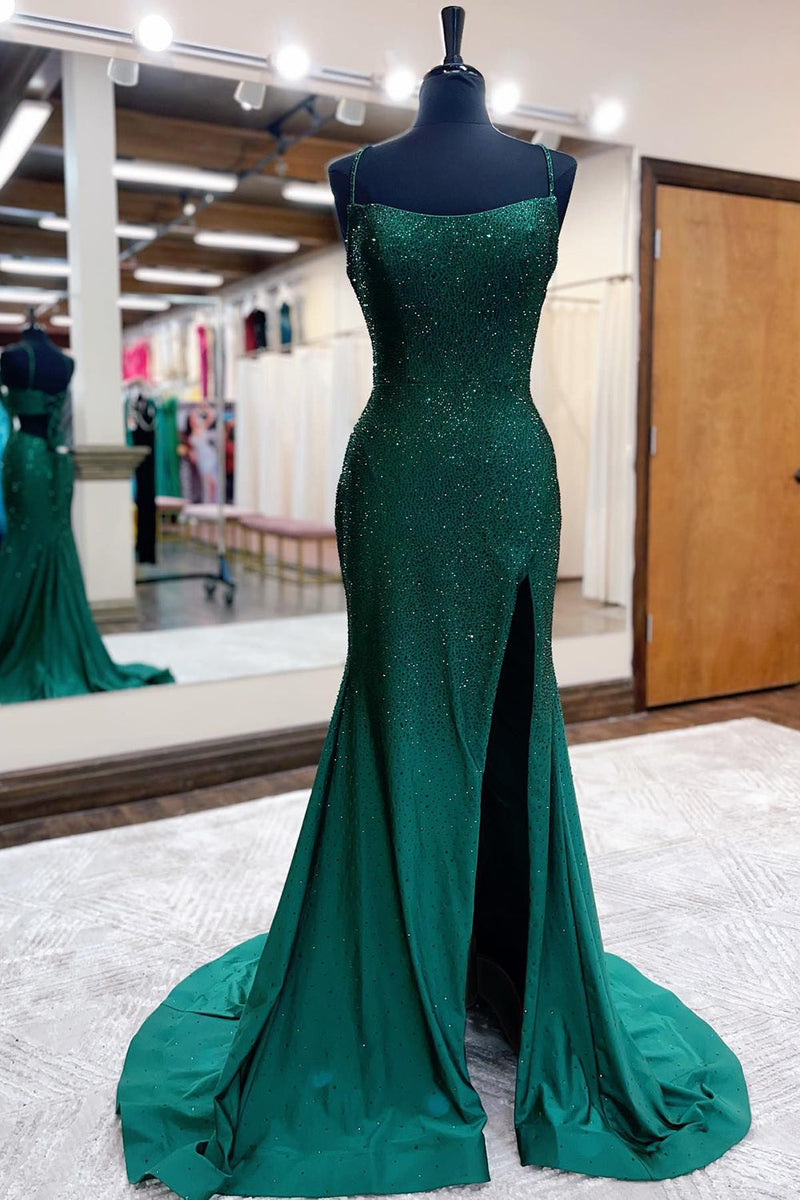 Load image into Gallery viewer, Mermaid Spaghettti Straps Dark Green Sequins Long Prom Dress with Split Front