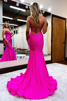 Hot Pink Sequined Spaghetti Straps Prom Dress