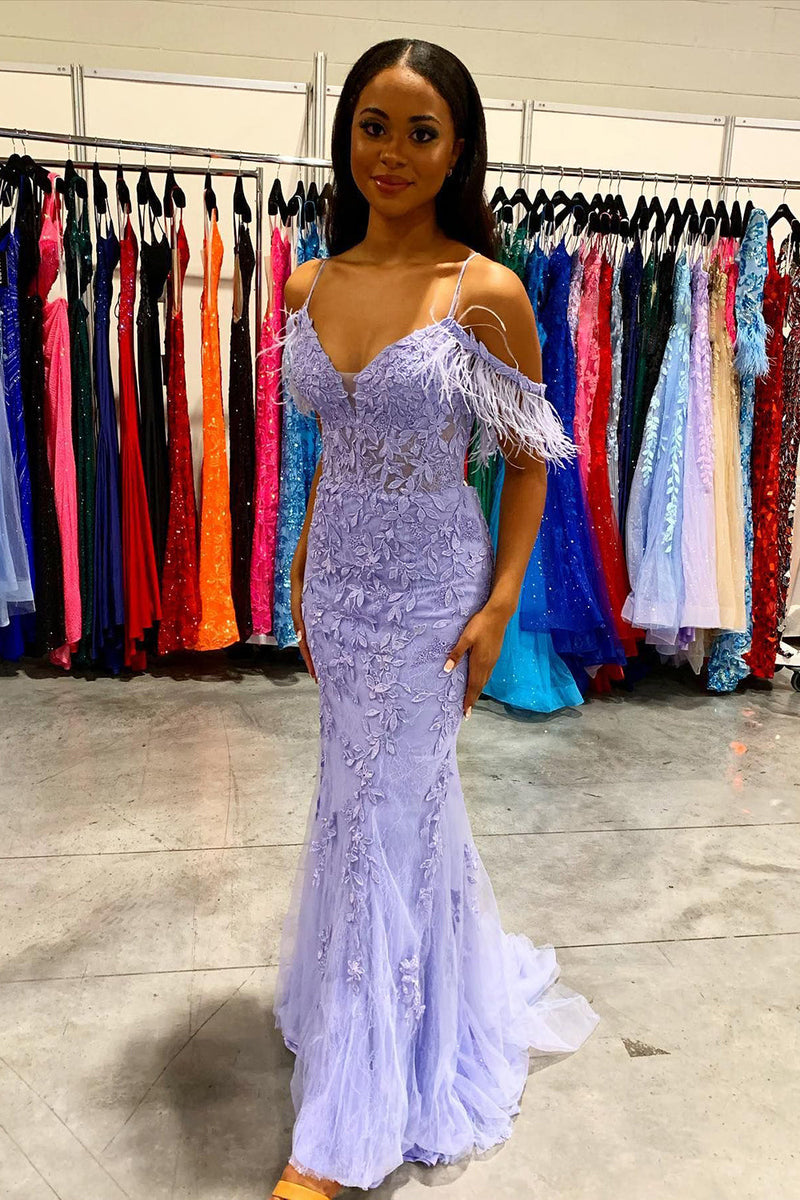 Load image into Gallery viewer, Mermaid Off the Shoulder Lilac Long Prom Dress with Feathers