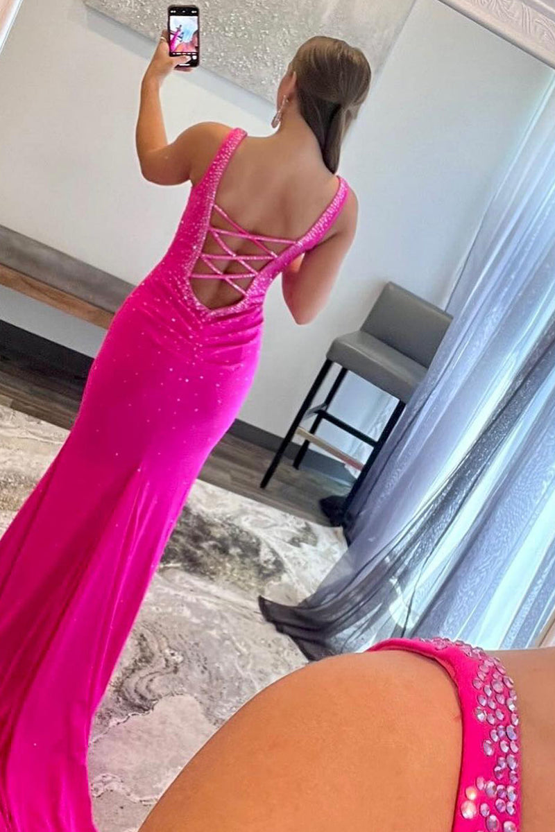 Load image into Gallery viewer, Mermaid V Neck Hot Pink Long Prom Dress with Beading