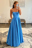 Load image into Gallery viewer, A-Line Halter Backless Satin Blue Long Prom Dress with Pockets