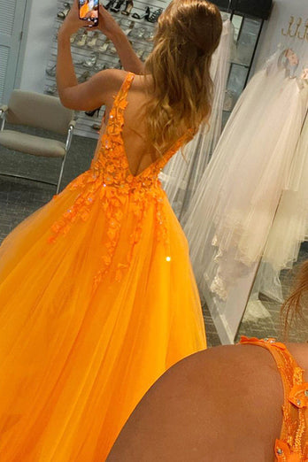 Princess A Line Deep V Neck Blush Long Prom Dress with Appliques
