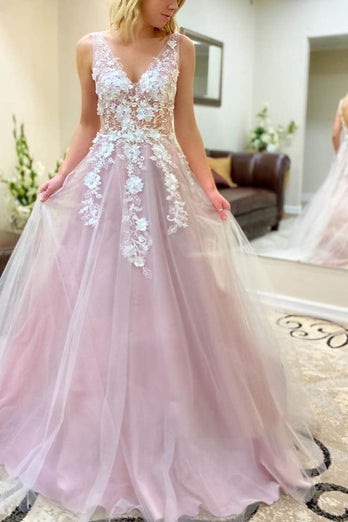 A-Line V-Neck Champagne Long Prom Dress with Appliques