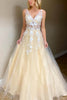 Load image into Gallery viewer, A-Line V-Neck Champagne Long Prom Dress with Appliques