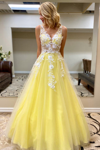 A-Line V-Neck Champagne Long Prom Dress with Appliques