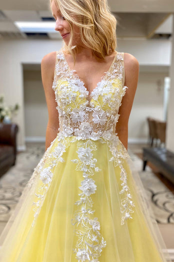 A-Line V-Neck Champagne Long Prom Dress with Appliques