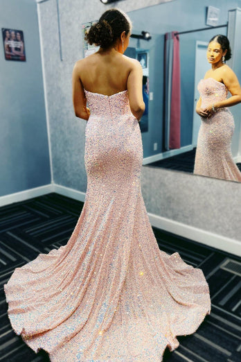 Mermaid Sweetheart Blush Sequins Long Prom Dress with Sweep Train