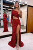 Load image into Gallery viewer, Sheath One Shoulder Red Sequins Long Prom Dress with Silt