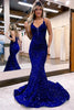 Load image into Gallery viewer, Mermaid Royal Blue Spaghetti Straps Sequins Long Prom Dress