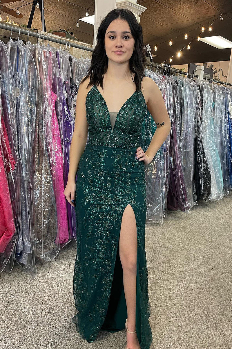 Load image into Gallery viewer, Sparkly Dark Green Tulle Sequin Detachable Train Prom Dress with Slit