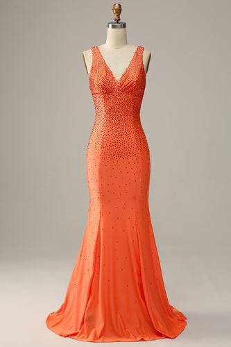 Mermaid V-Neck Orange Long Prom Dress with Beading